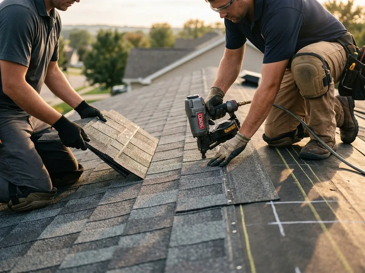 Professional roofer working on a residential roof in East Donegal
